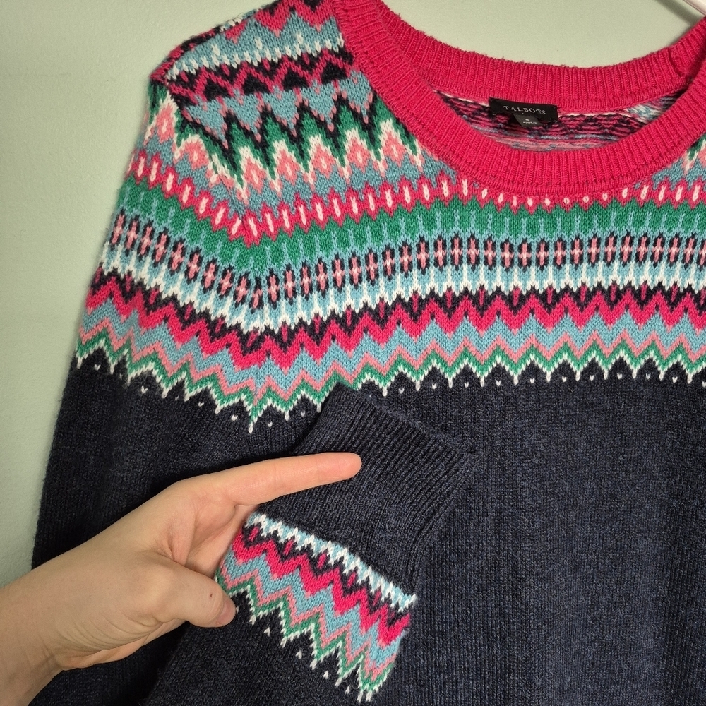 Talbots Women's Cabincore Festive Navy Fair Isle Soft Knit Midi Dress Size Small - Picture 3 of 5